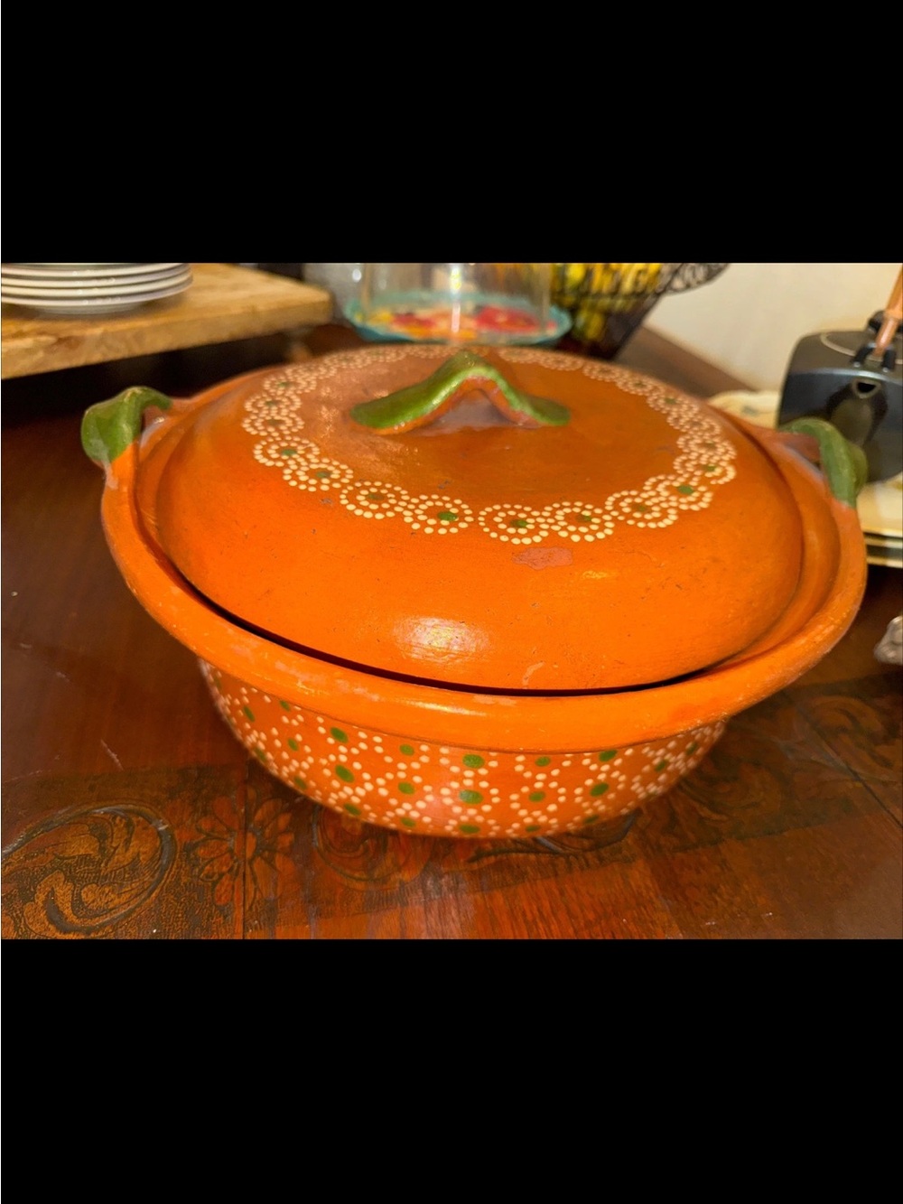 Mexican Terracotta Decorative Hand-Painted Clay Pot - Lid has crack.